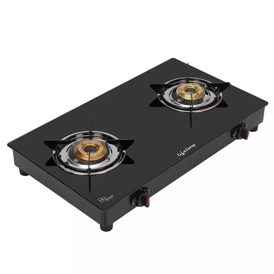 Lifelong LPG Gas Stove 2 Burners Rubber Leg Automatic Ignition Glass Black, LLGS912
