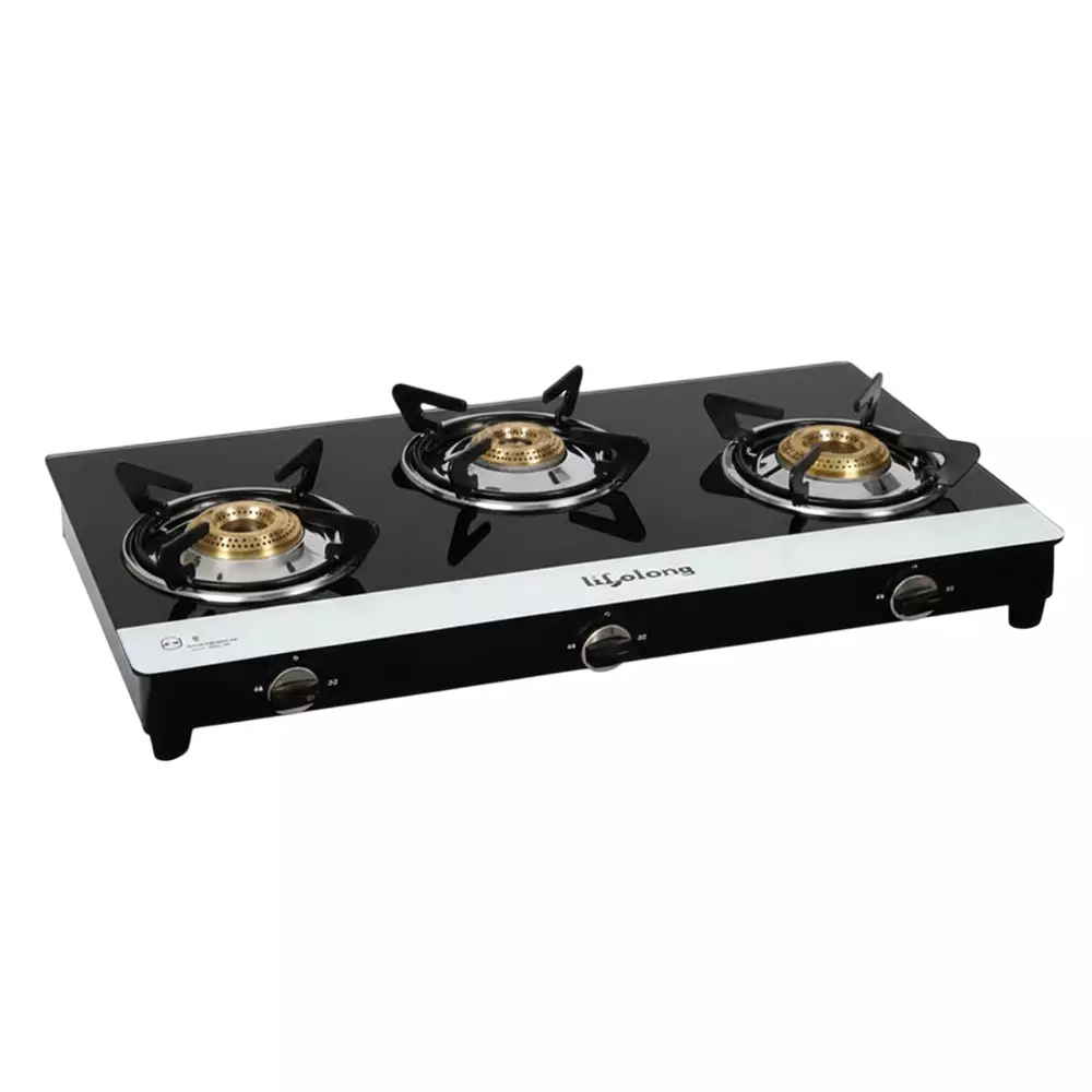 Lifelong Gas Stove 3 Burners Rubber Leg Glass Black, LLGSD06