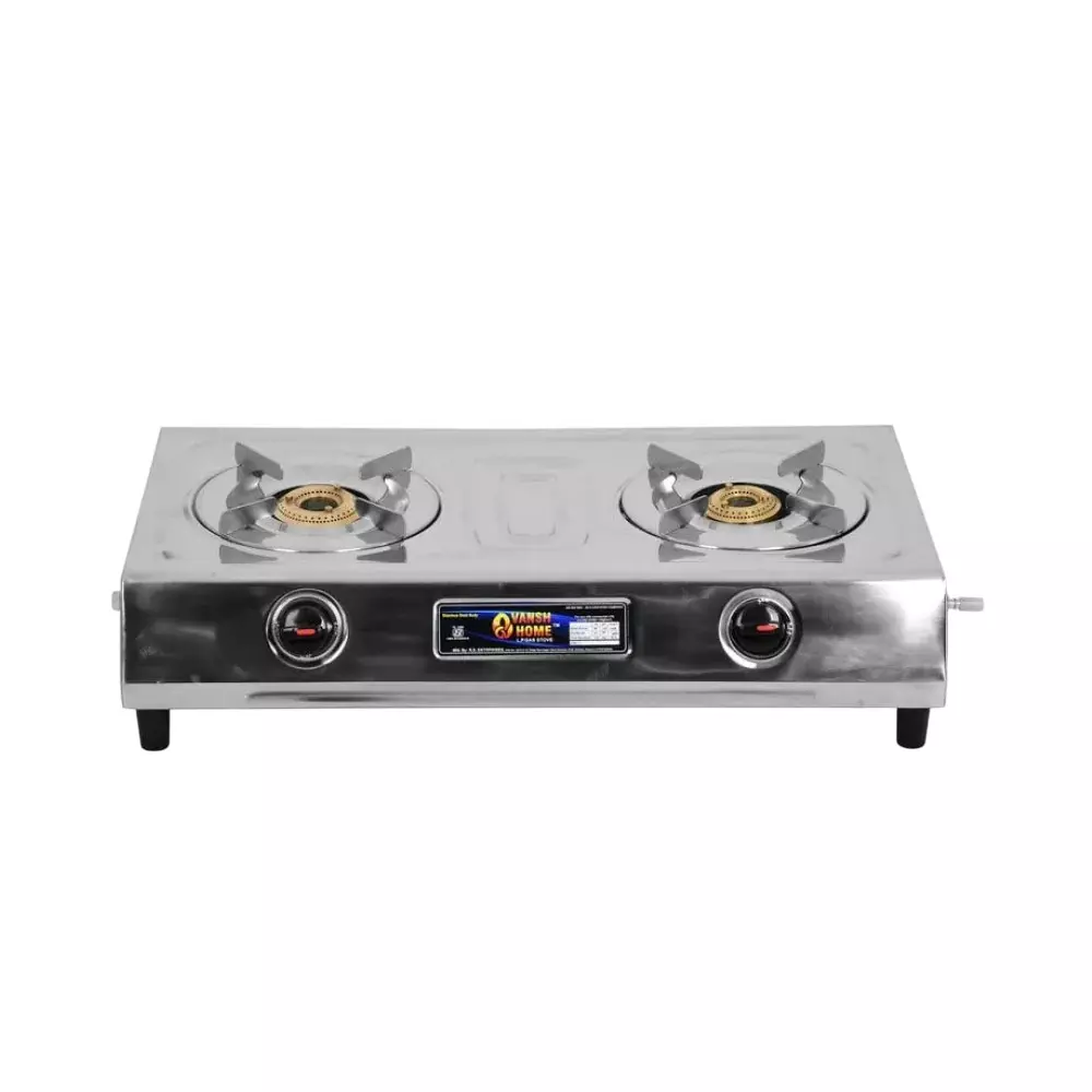 Vansh Homes Gold Dlx Gas Stove 2 Burner Rubber Leg Manual Ignition LPG Fuel Stainless Steel, VH-2B-204