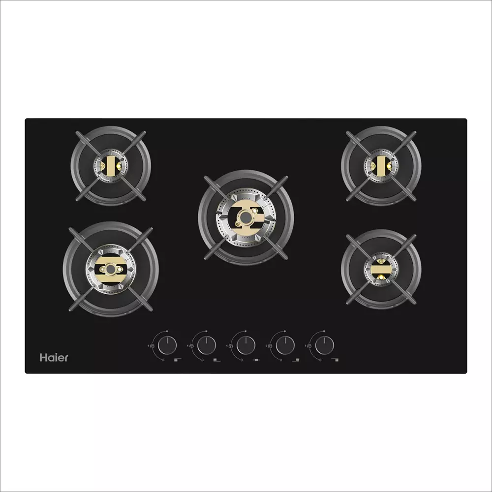 Haier 90 cm Hybrid Hob Gas Cooktop Auto Ignition (Battery Operated) 5 Burner Black, HIC-Q89576F