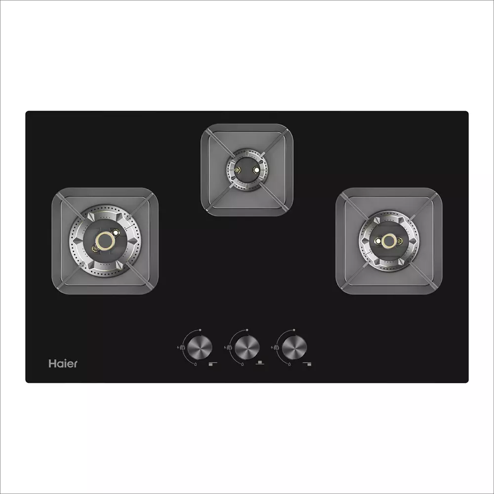 Haier 75 cm Hybrid Hob Gas Cooktop Auto Ignition (Battery Operated) 3 Burner Black, HIC-Q57326F