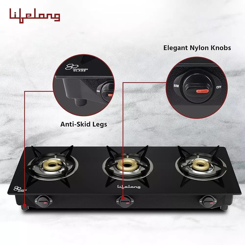 Lifelong 3 Burner Gas Stoves Black Glass Knob Control, LLGSD07