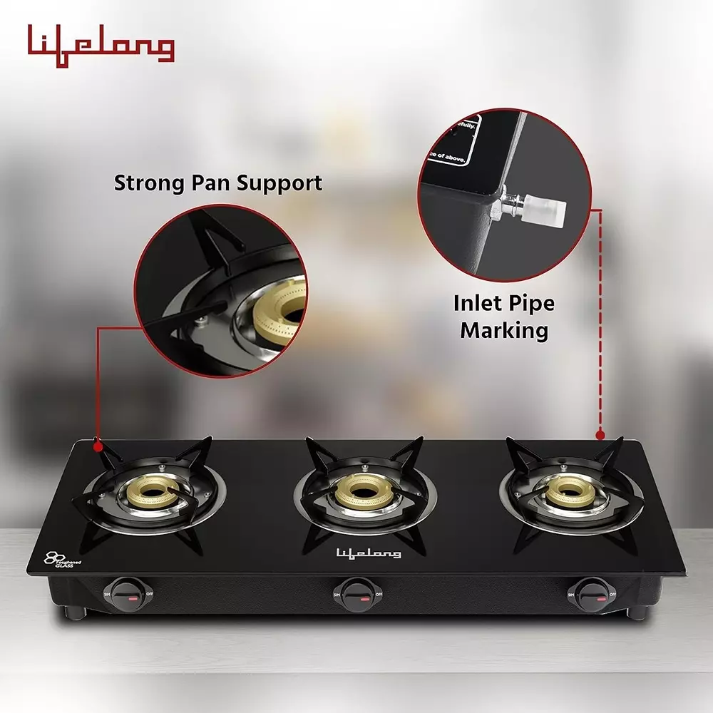 Lifelong 3 Burner Gas Stoves Black Glass Knob Control, LLGSD07