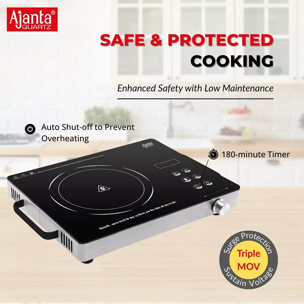 Ajanta QUICK HOT Infrared Cooktop Crystal Glass Plate 180 min Timer with 4 Pre-Set Functions, Black