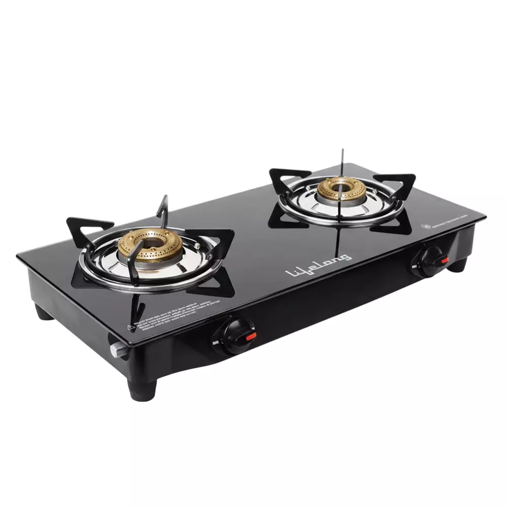 Lifelong Gas Stove 2 Burners Rubber Leg Glass Black, LLGSD03