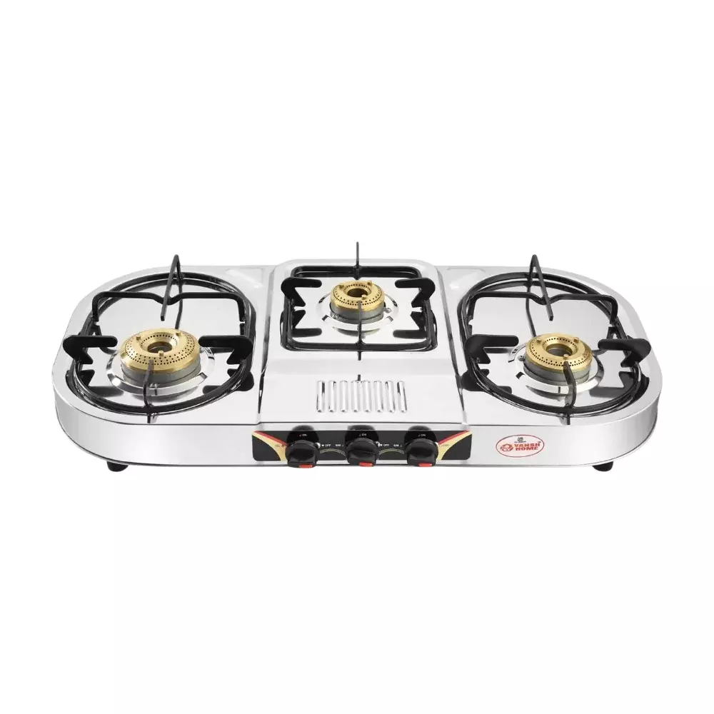 Vansh Homes Tulip Step Gas Stove 3 Burner Rubber Leg Manual Ignition LPG Fuel Stainless Steel, VH-3B-301