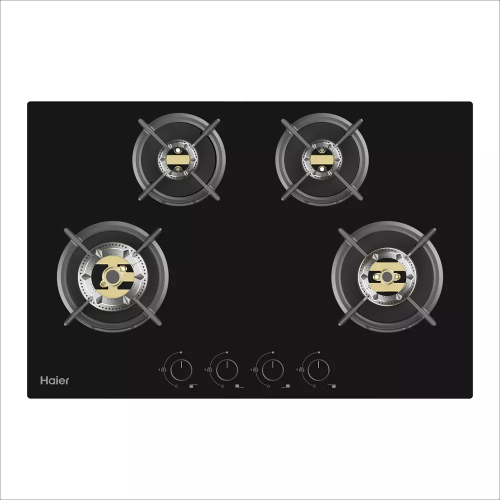 Haier 78 cm Hybrid Hob Gas Cooktop Auto Ignition (Battery Operated) 4 Burner Black, HIC-Q77456F