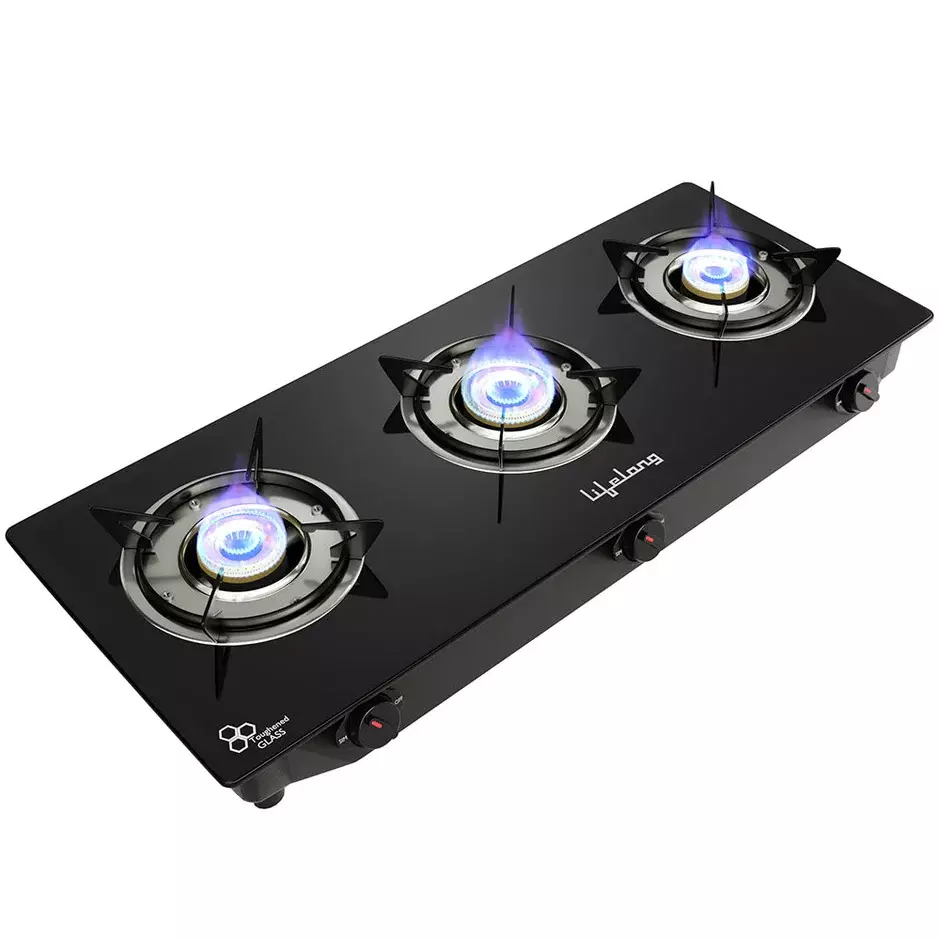 Lifelong LPG Gas Stove 3 Burners Rubber Leg Automatic Ignition Glass Black, LLGS803