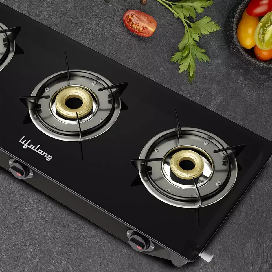 Lifelong LPG Gas Stove 3 Burners Rubber Leg Automatic Ignition Glass Black, LLGS803