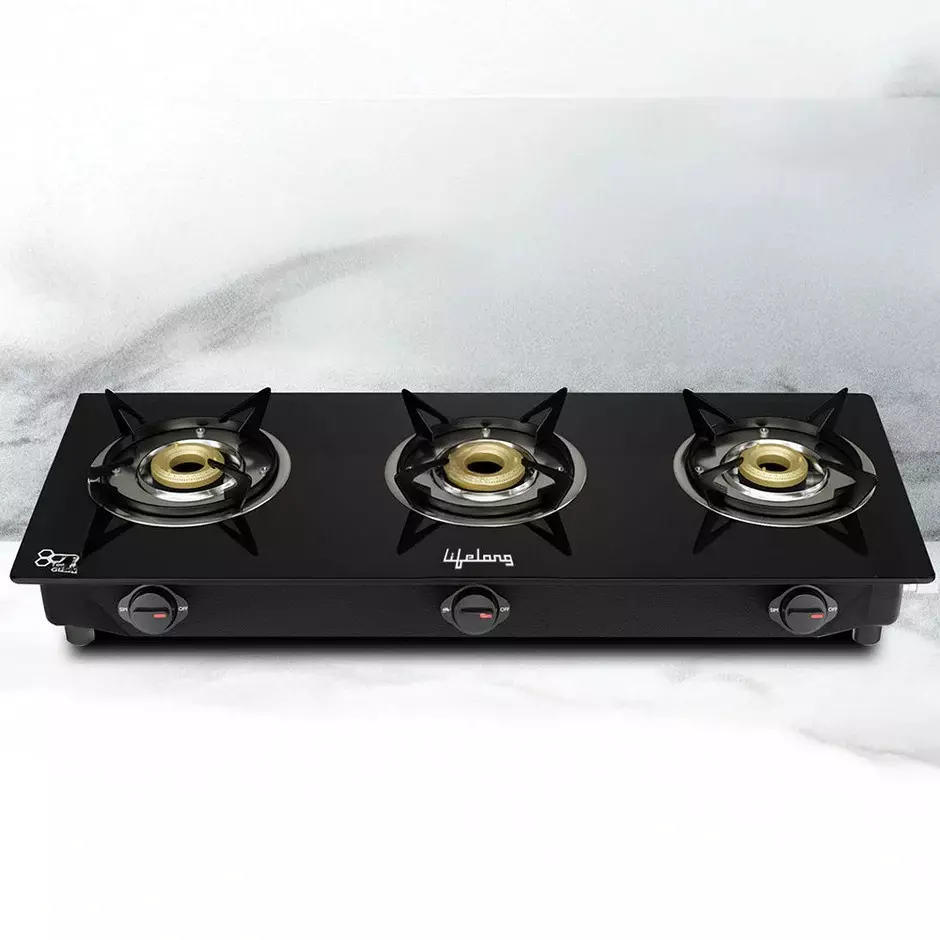 Lifelong LPG Gas Stove 3 Burners Rubber Leg Automatic Ignition Glass Black, LLGS803