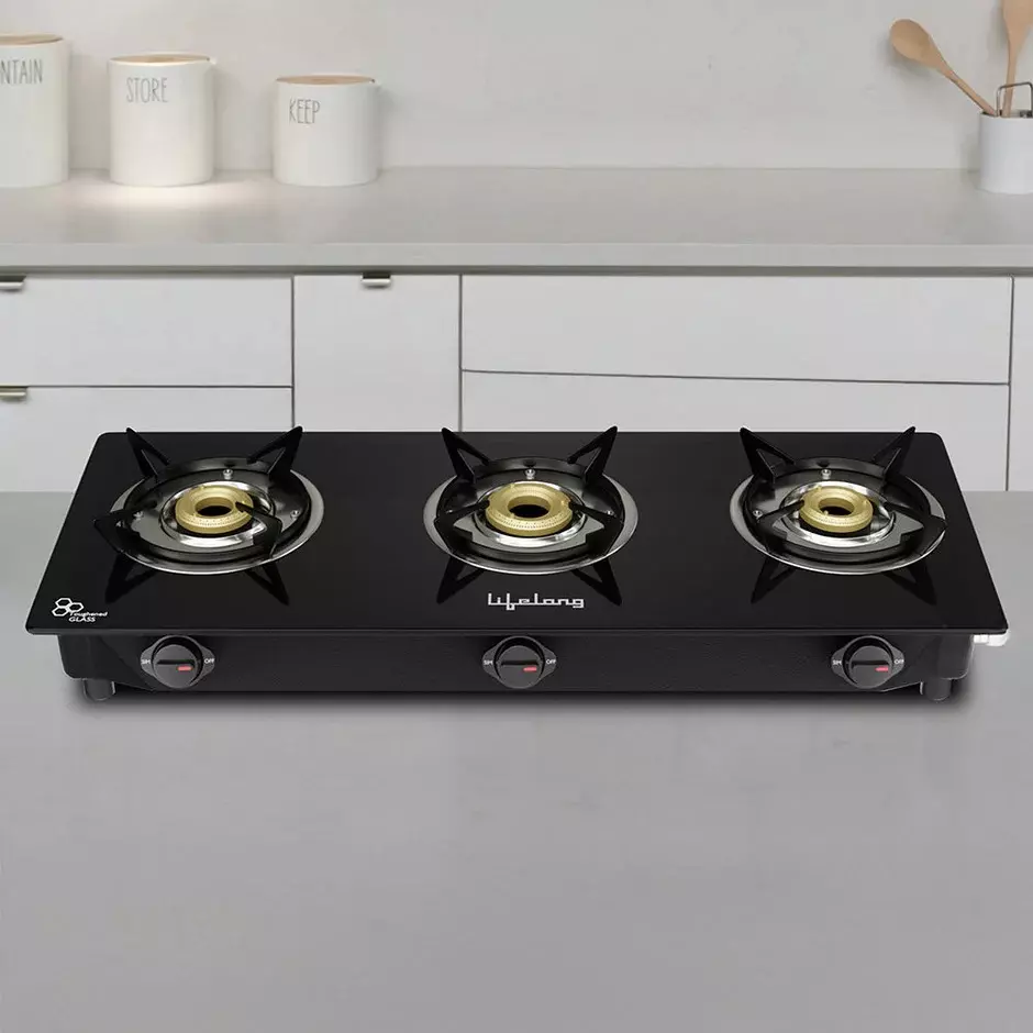Lifelong LPG Gas Stove 3 Burners Rubber Leg Automatic Ignition Glass Black, LLGS803
