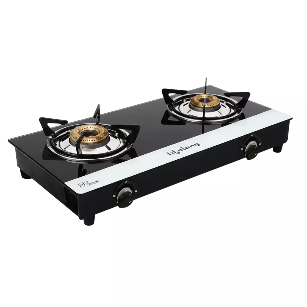 Lifelong Gas Stove 2 Burners Rubber Leg Automatic Ignition Glass Black with CI White Strip, LLGSD05