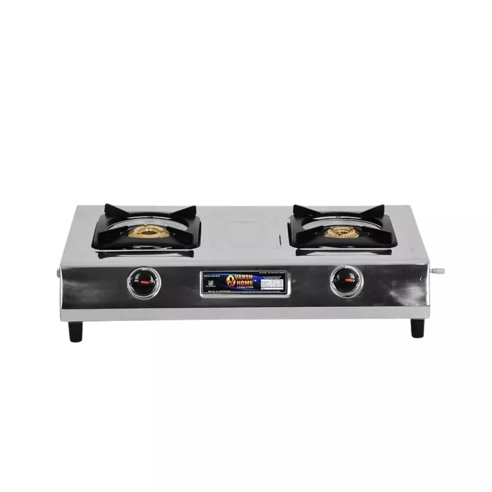 Vansh Homes Gold Star Gas Stove 2 Burner Rubber Leg Manual Ignition LPG Fuel Stainless Steel, VH-2B-203