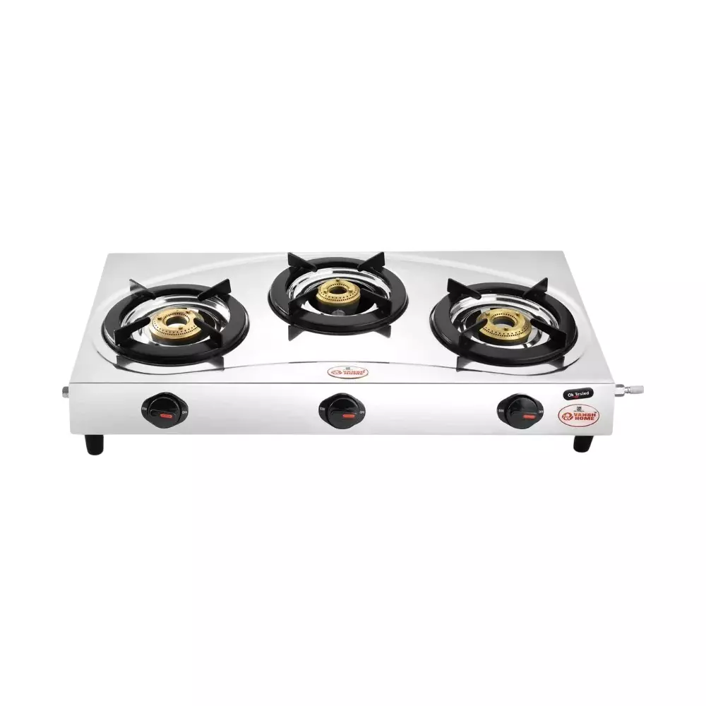 Vansh Homes Tulip Star Gas Stove 3 Burner Rubber Leg Manual Ignition LPG Fuel Stainless Steel, VH-3B-304