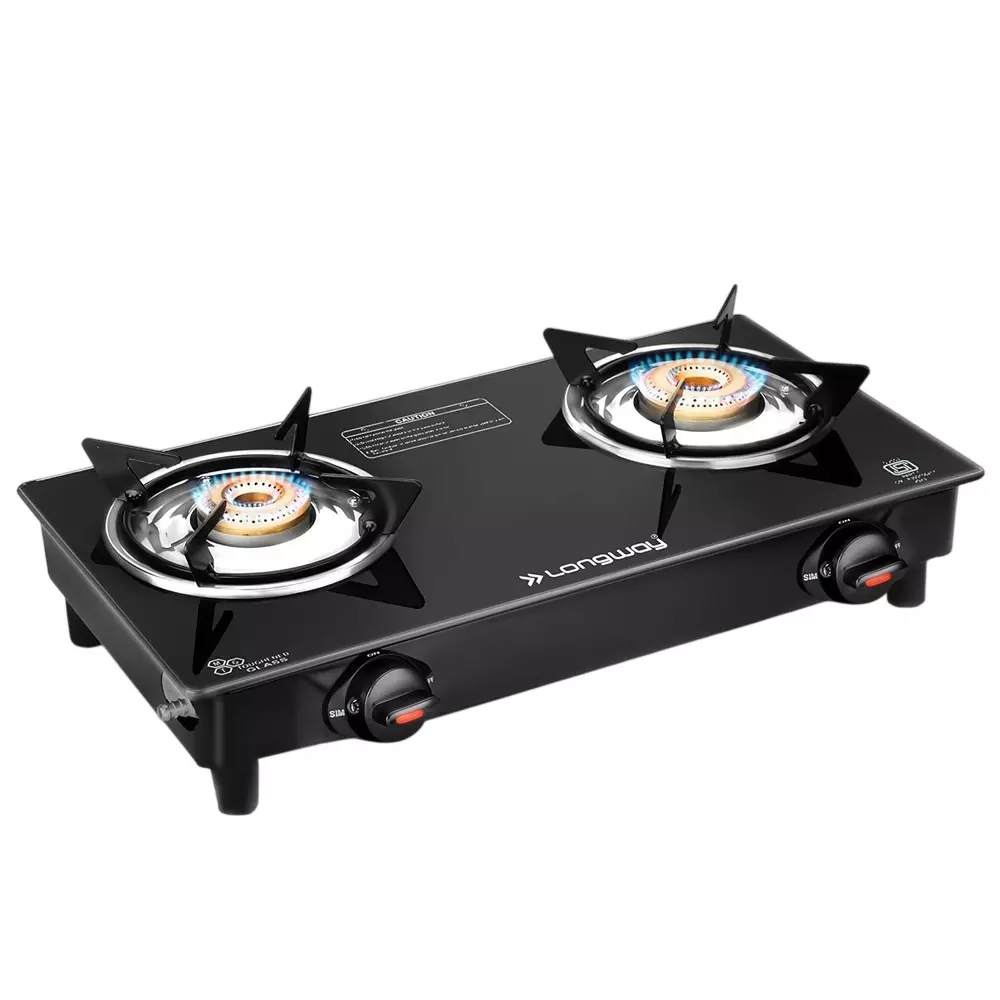 Vansh Homes Flamingo Lotus Gas Stove 2 Burner Rubber Leg Manual Ignition LPG Fuel Toughened Glass Top Stainless Steel Body, VH-2B-202-GT