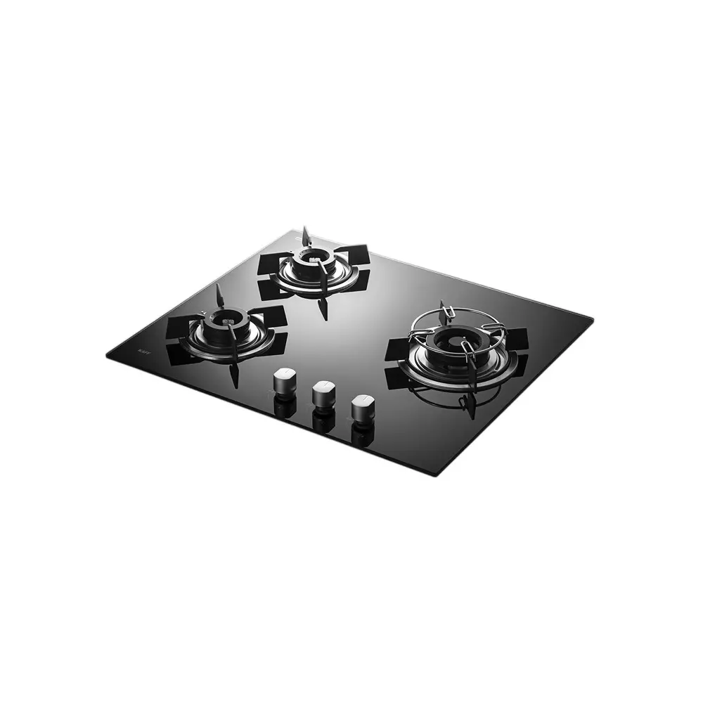 Kaff 3 Burner Gas Stoves Auto Electric Ignition Brass Burner Material Easy Grip Knobs 8 mm Thick Black Tempered Glass, HBR 603 B