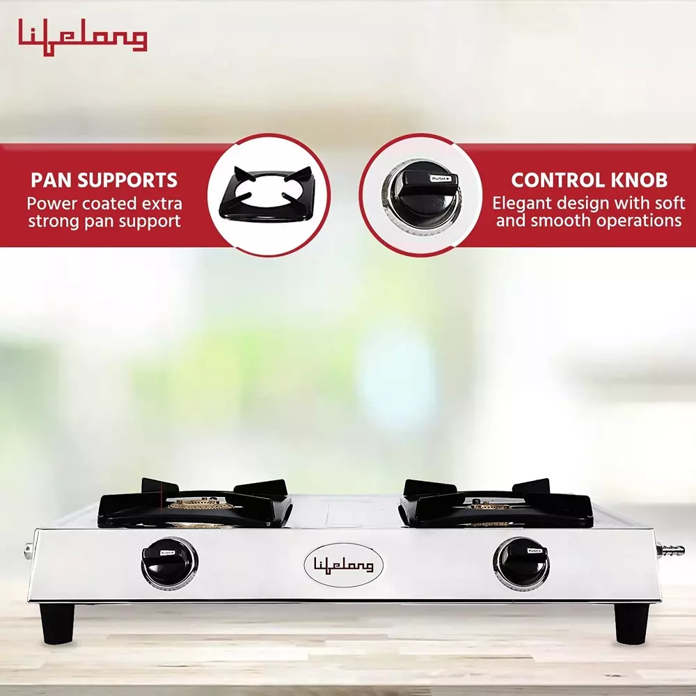 Lifelong 2 Burner Gas Stove Silver Stainless Steel Knob Control, LLGS990