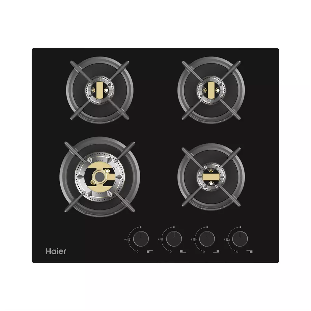 Haier 60 cm Hybrid Hob Gas Cooktop Auto Ignition (Battery Operated) 4 Burner Black, HIC-Q66456F