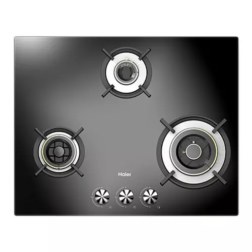 Haier 65 cm Hybrid Hob Gas Cooktop Auto Ignition (Battery Operated) 3 Burner Black, HIC-653FCF-O