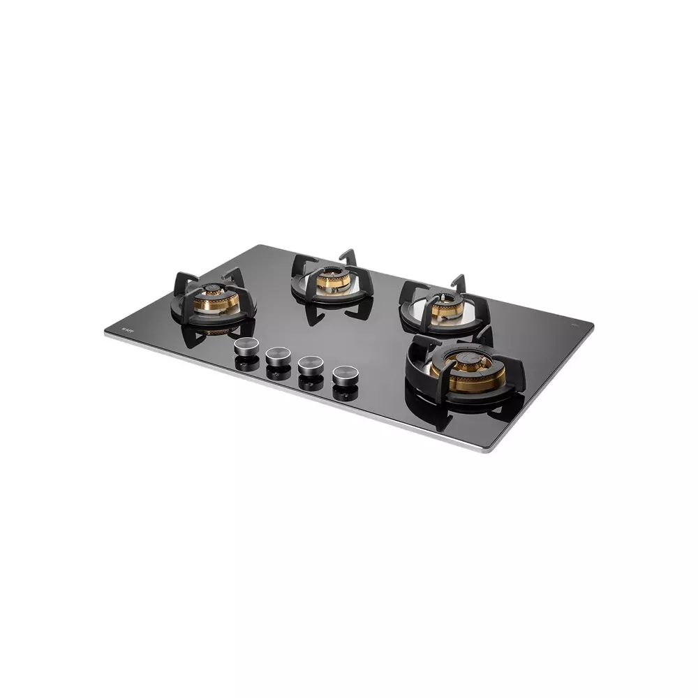 Kaff 4 Burner Gas Stoves Auto Electric Ignition Brass Burner Material Ergonomic Metal Knob 8 mm Thick Black Tempered Glass, BLH 804X