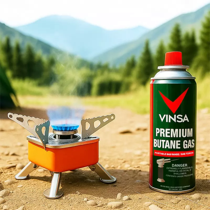 VINSA Camping Gas Stove with 225 ml Butane Gas Cylinder Lightweight for Hiking