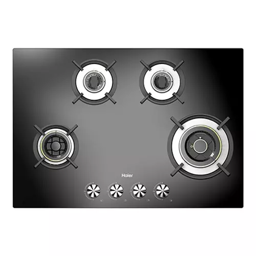 Haier 65 cm Hybrid Hob Gas Cooktop Auto Ignition (Battery Operated) 4 Burner Black, HIC-654FCF-O