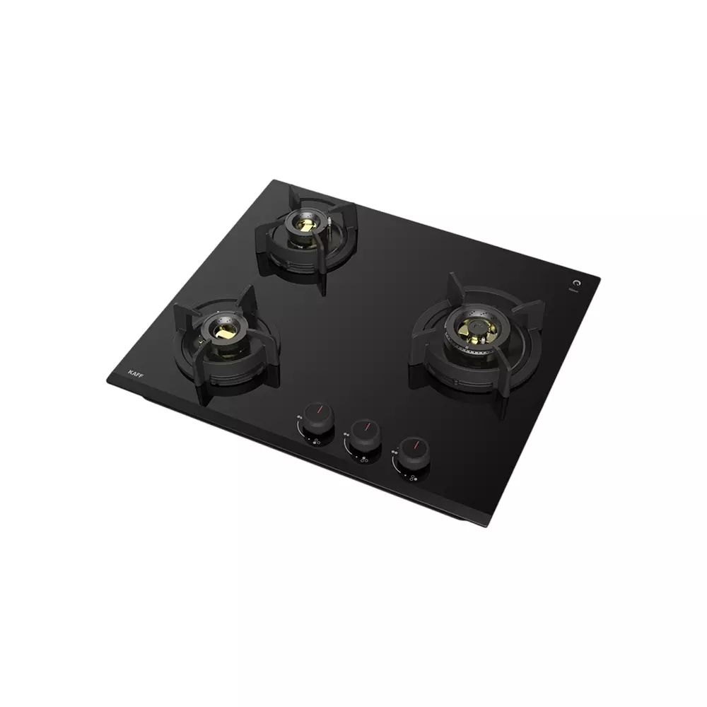 Kaff 3 Burner Gas Stoves Auto Electric Ignition Brass Burner Material Ergonomic Design Anti Slip Metal Knob 8 mm Thick Black Tempered Glass, ASF603
