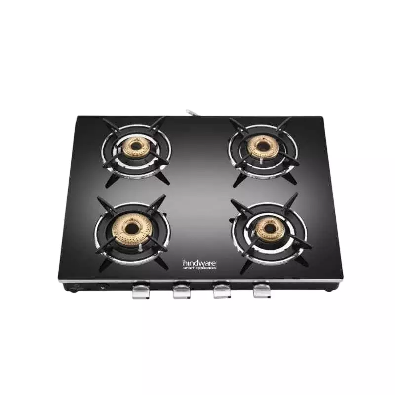 Hindware 4 Burner Gas Stoves Manual Ignition Brass Burner Material 7 mm Thick Toughened Glass, CT 100227