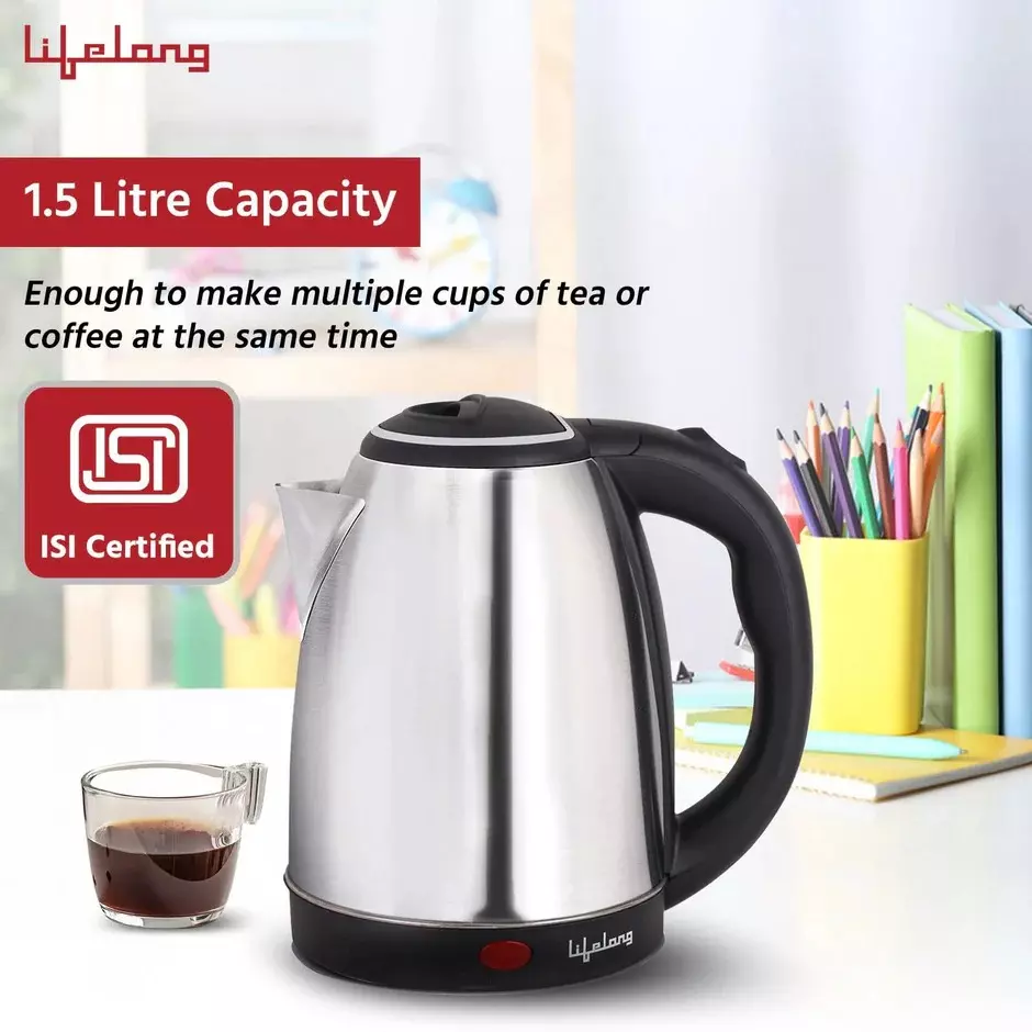Lifelong Electric Kettle Kit SIlver & Black 1500 W Power 1.5 L Capacity Stainless Steel 240 V AC for Boiling Milk & Water Use, LLEK60