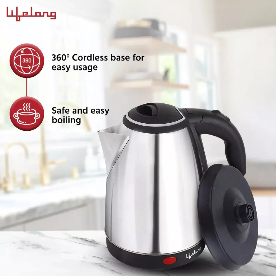 Lifelong Electric Kettle Kit SIlver & Black 1500 W Power 1.5 L Capacity Stainless Steel 240 V AC for Boiling Milk & Water Use, LLEK60