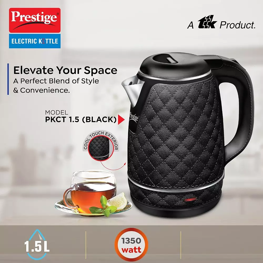 Prestige Electric Kettle 1.5 L Capacity 1350 W Cool Touch Exterior Stainless Steel Inner Body Black, 41416