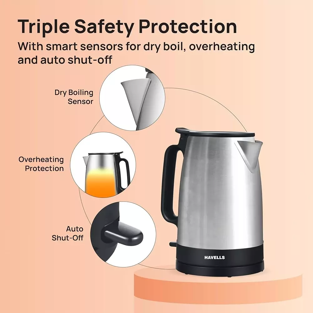 Havells Vesta SS 2000 W Electric Kettle 1.7 L 360° Cordless Base Black & Silver, GHBKTDFE200