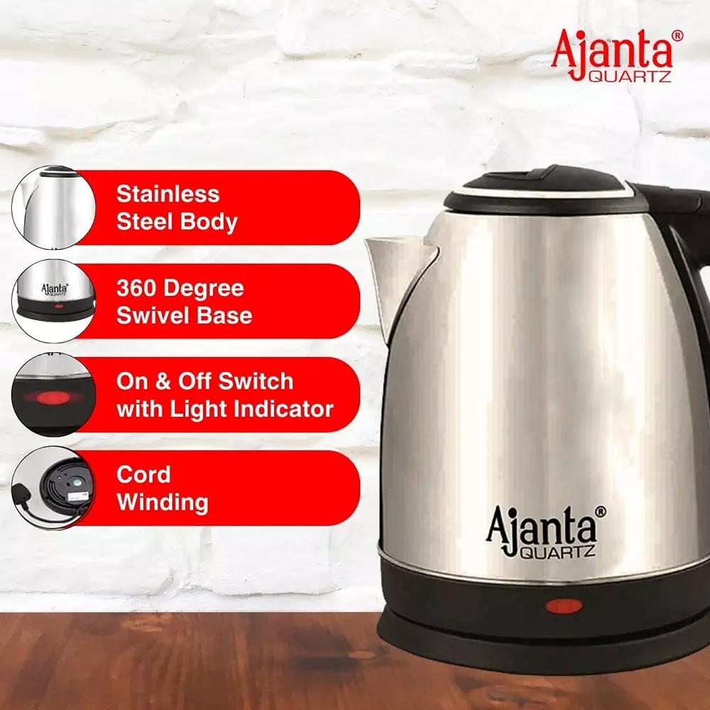 Ajanta QUIKHOT Electric Kettle 360° Swivel Base 1.5 L Capacity with Detachable Lid, AEK-150
