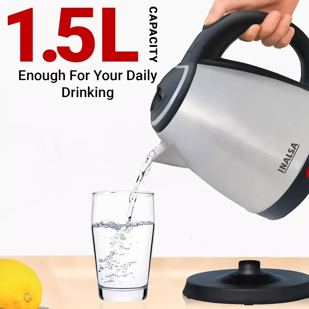 Inalsa Asta Electric Kettle 1350 W Stainless Steel 240 V Auto Off & Boil Dry Protection Black & Silver Color