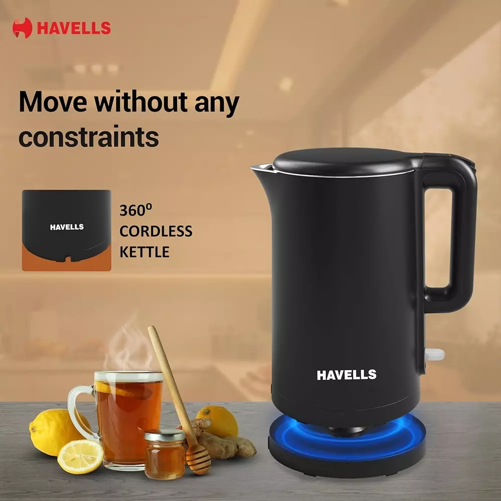 Havells Caro 1250 W Electric Kettle 1.5 L 360° Cordless Base Black, GHBKTAZK125