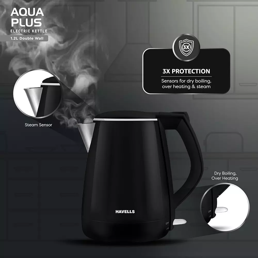Havells Aqua 1250 W Electric Kettle 1.2 L 360° Cordless Base Black, GHBKTATK125