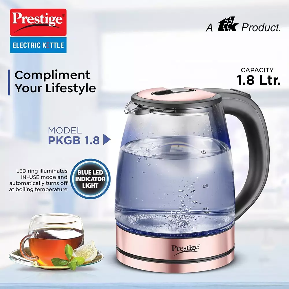 Prestige Electric Glass Kettle 1.8 L Capacity 1350 W Borosilicate Glass LED Power Indicator Transparent, 41417