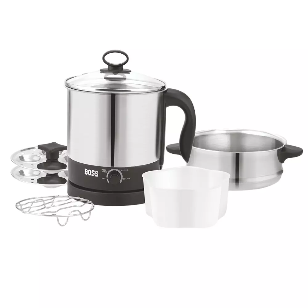 Boss 600 W Cresta Multi Cook Kettle 1.5 L Capacity Black & Silver Color with Transparent Lid, B827