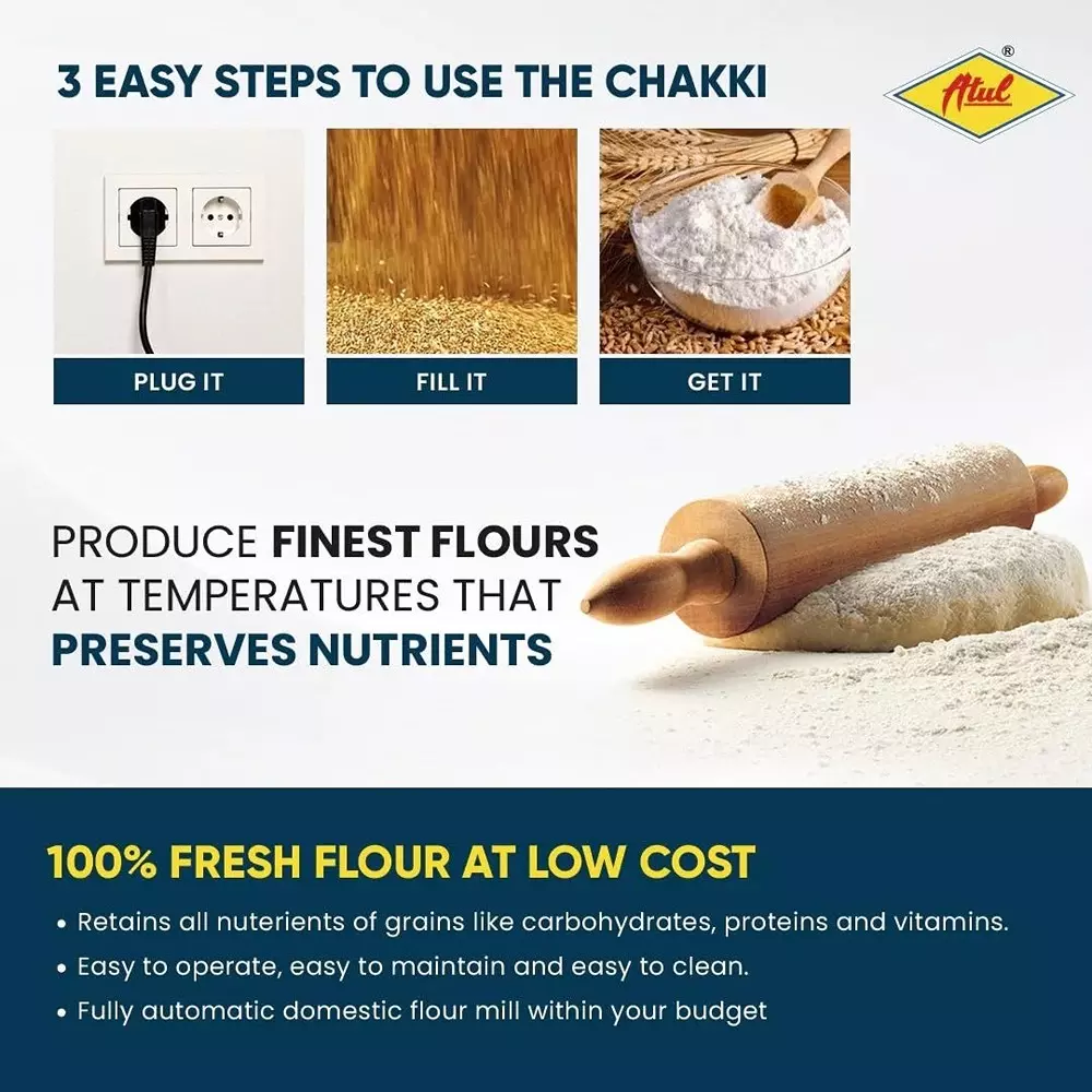 ATUL Fully Automatic Domestic Flour Mill Machine 8-10 Kg/Hr Grinding Capacity 2880 RPM, CHAKKI-PLATINUM-2