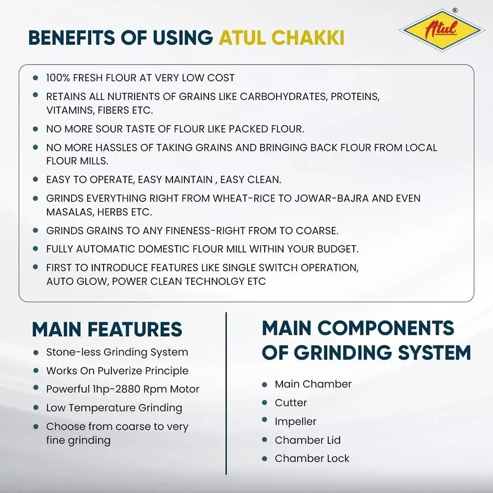 ATUL Fully Automatic Domestic Flour Mill Machine 8-10 Kg/Hr Grinding Capacity 2880 RPM, CHAKKI-GOLD-2