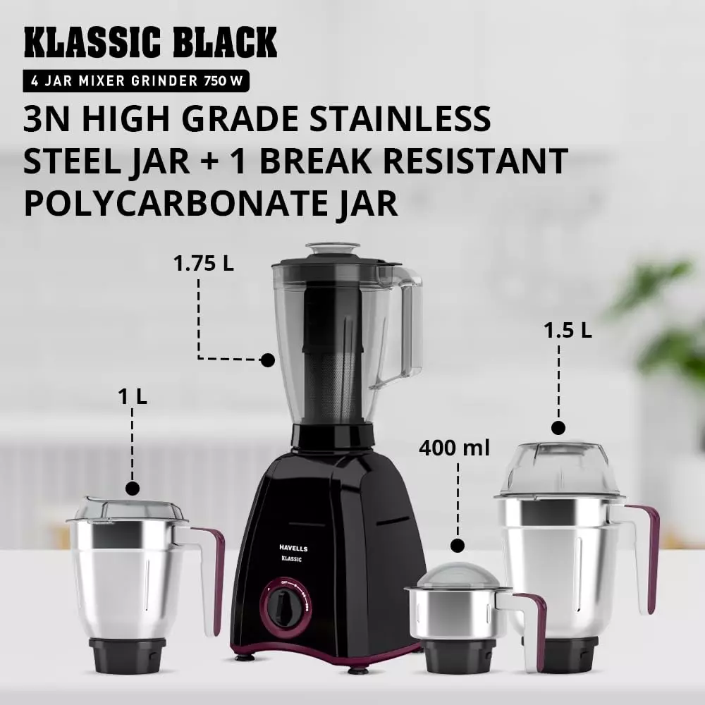 Havells KLASSIC 750 W 4 Jar Juicer Mixer Grinder Black, GHFMGDVK075