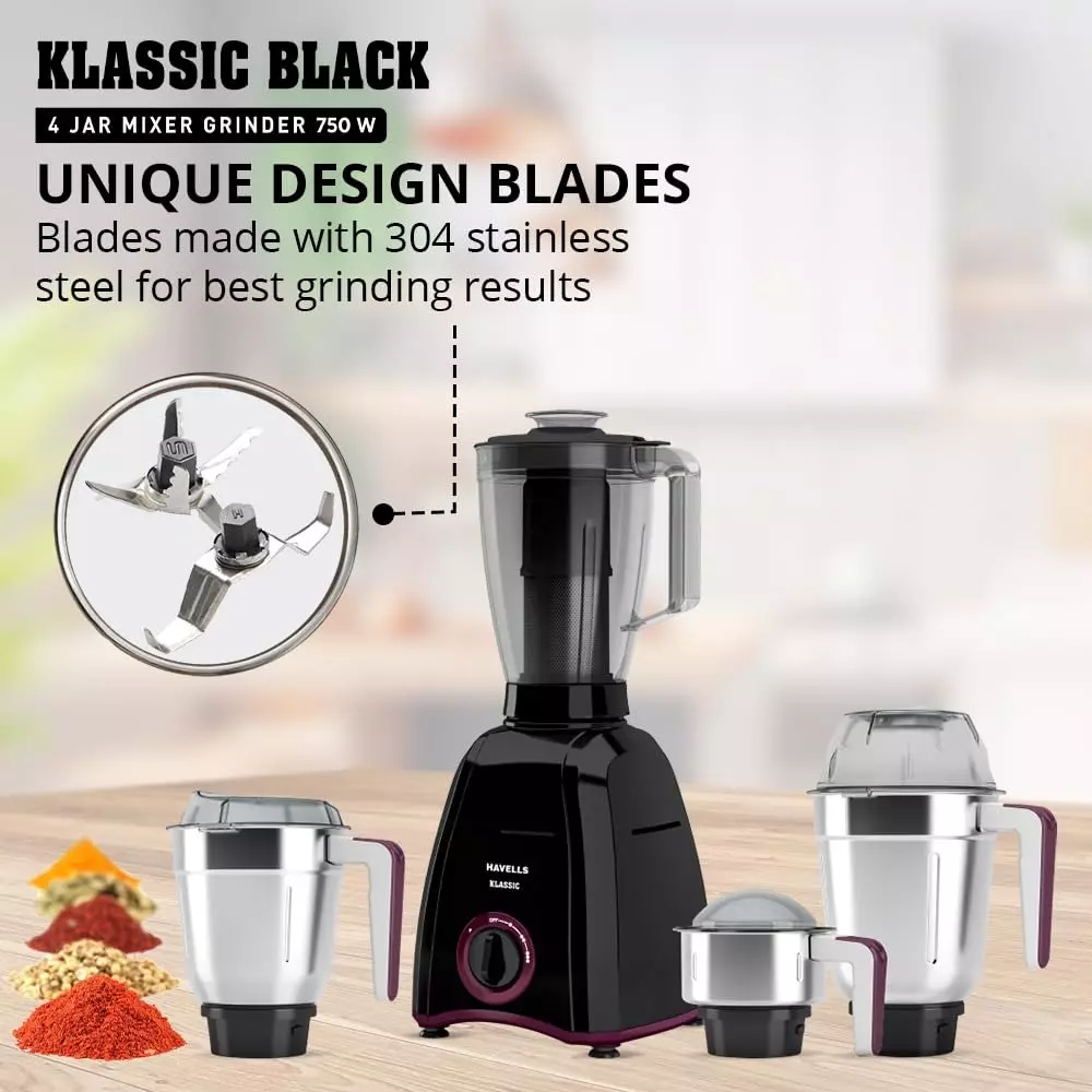 Havells KLASSIC 750 W 4 Jar Juicer Mixer Grinder Black, GHFMGDVK075