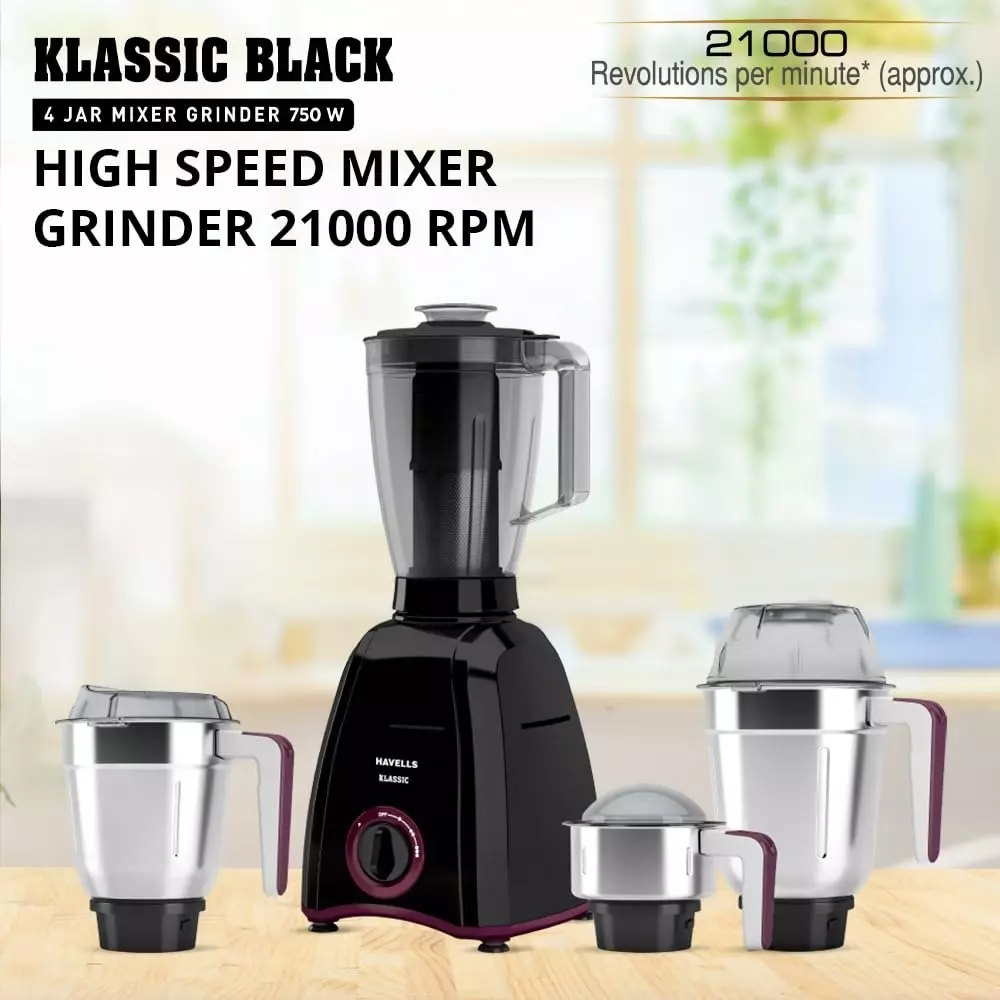 Havells KLASSIC 750 W 4 Jar Juicer Mixer Grinder Black, GHFMGDVK075