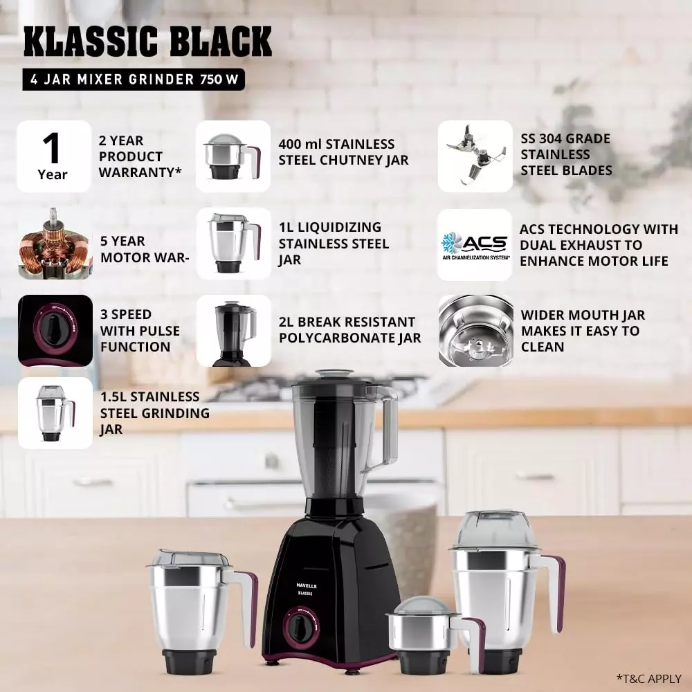 Havells KLASSIC 750 W 4 Jar Juicer Mixer Grinder Black, GHFMGDVK075