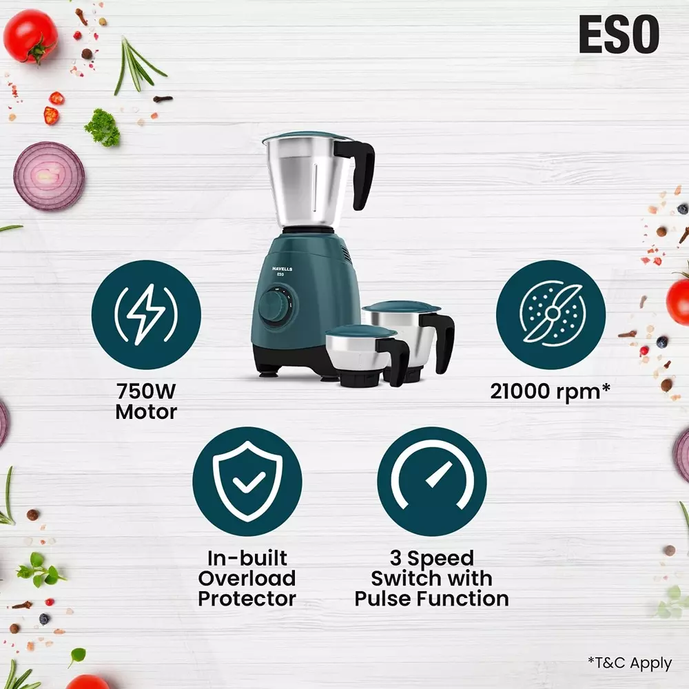 Havells Eso Mg 750 W 3 Jar Juicer Mixer Grinder Dark Green and Black, GHFMGELG075