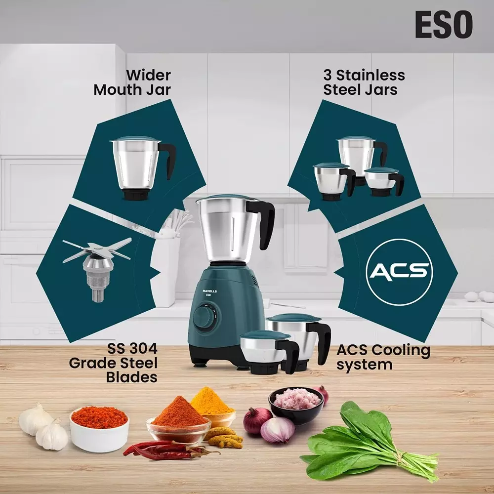 Havells Eso Mg 750 W 3 Jar Juicer Mixer Grinder Dark Green and Black, GHFMGELG075