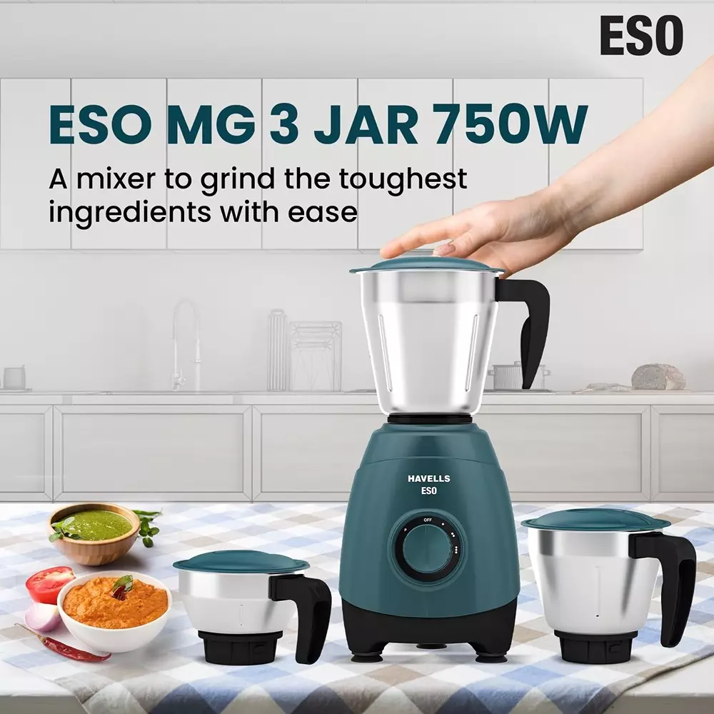 Havells Eso Mg 750 W 3 Jar Juicer Mixer Grinder Dark Green and Black, GHFMGELG075