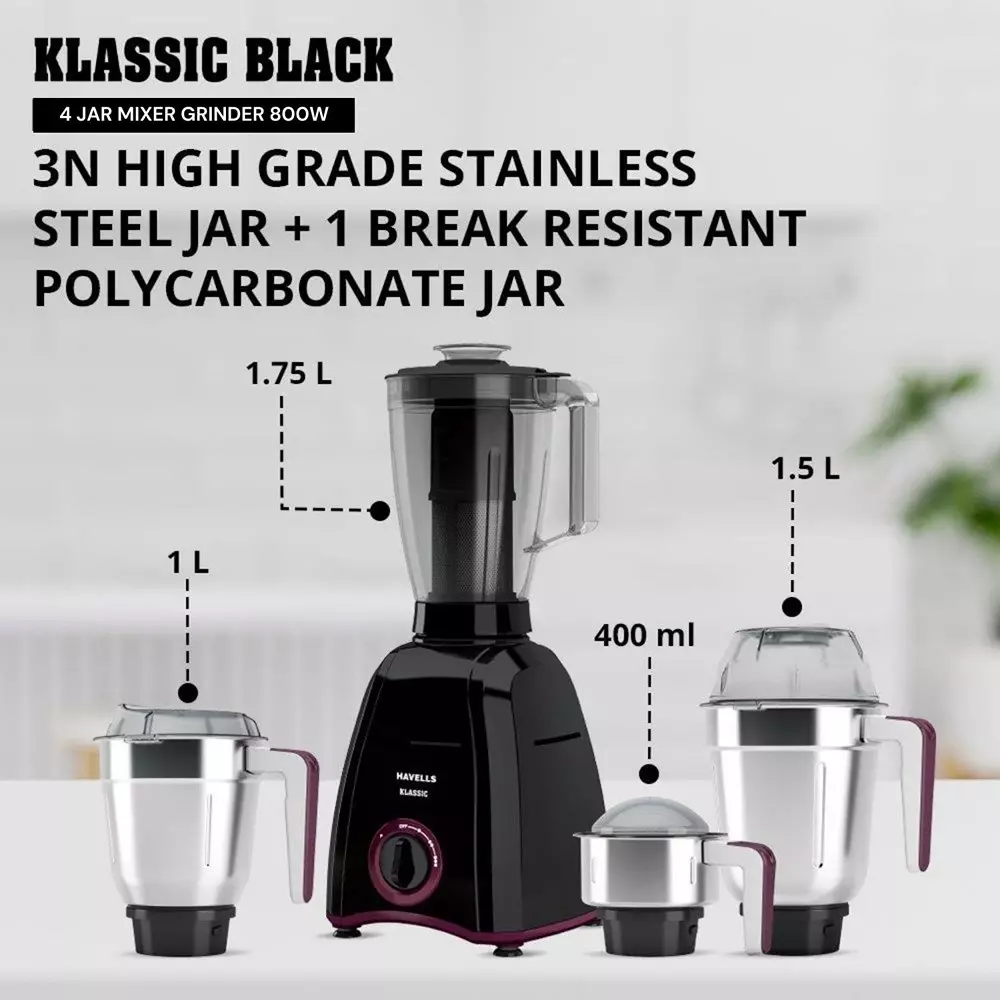 Havells KLASSIC 800 W 4 Jar Juicer Mixer Grinder Black, GHFMGDVK080