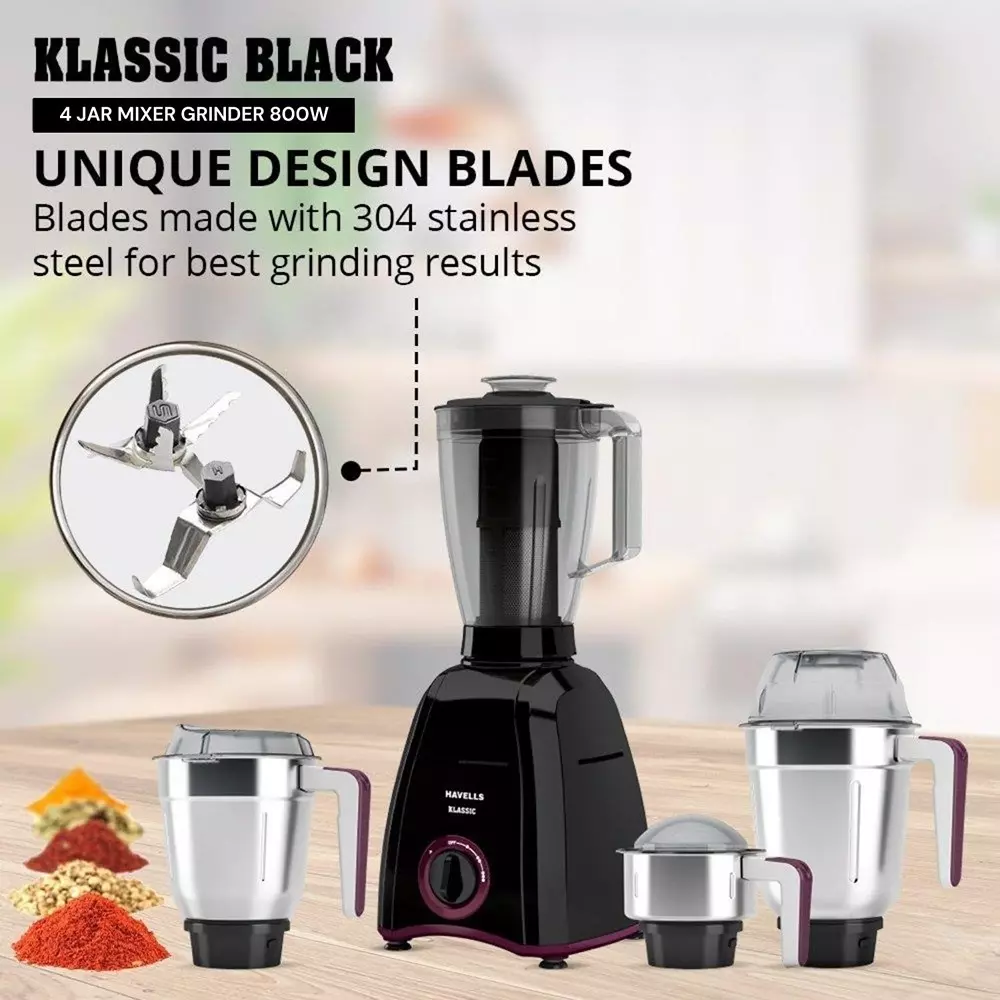 Havells KLASSIC 800 W 4 Jar Juicer Mixer Grinder Black, GHFMGDVK080