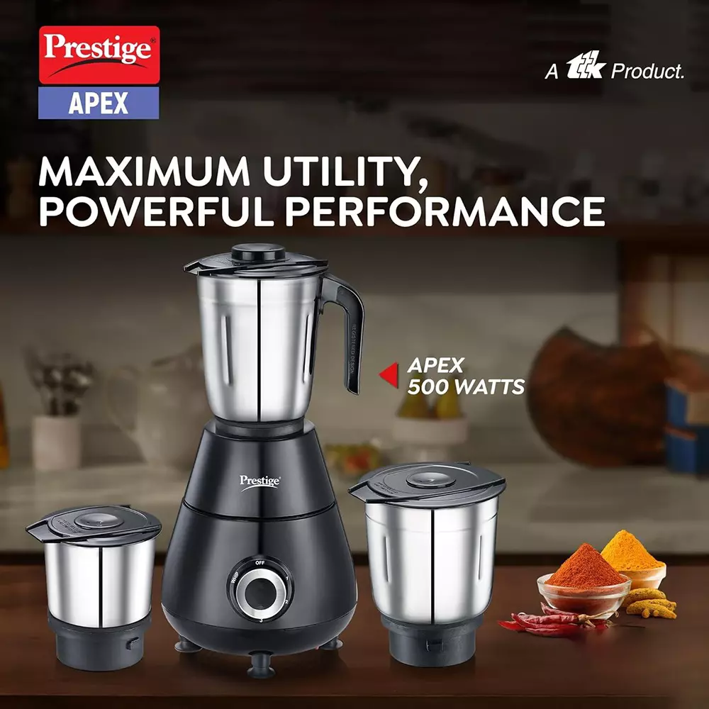 Prestige Apex Mixer Grinder With 3 Jar 500 W Stainless Steel Jar Black, Sliver, 43163